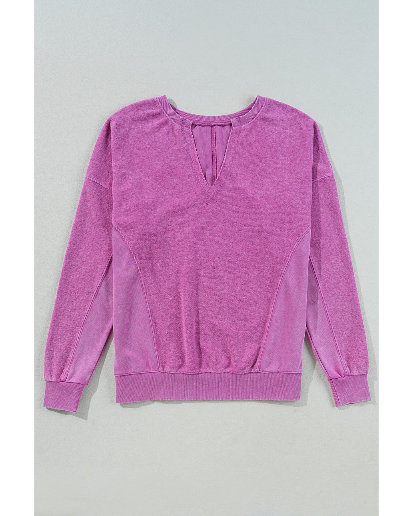 Bright Pink Solid Color Notched Neck Drop Shoulder Sweatshirt - M