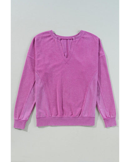 Bright Pink Solid Color Notched Neck Drop Shoulder Sweatshirt - M