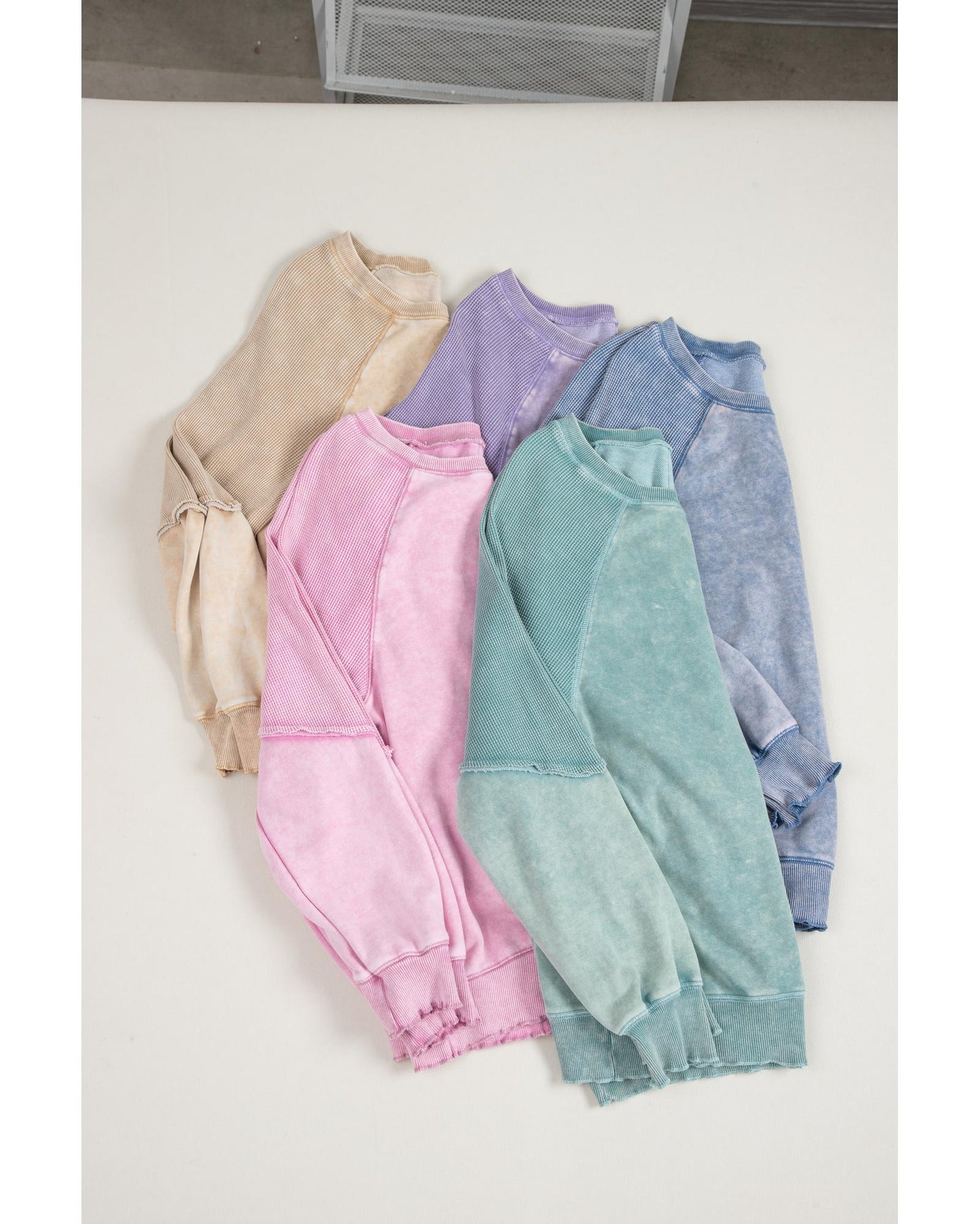 Light French Beige Solid Waffle Knit Patchwork Raglan Sleeve Sweatshirt - XL