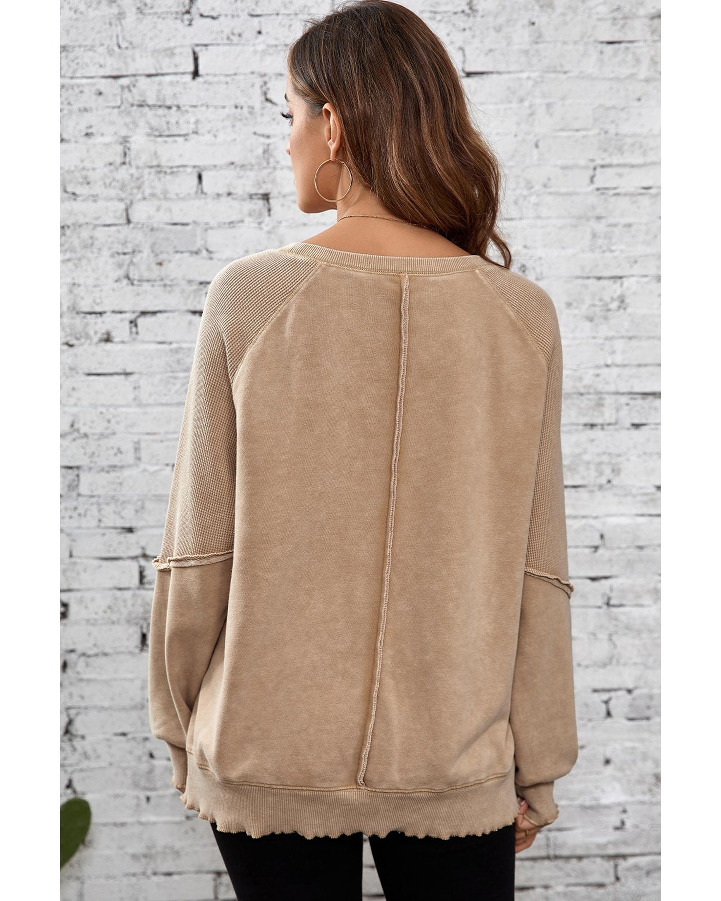 Light French Beige Solid Waffle Knit Patchwork Raglan Sleeve Sweatshirt - XL