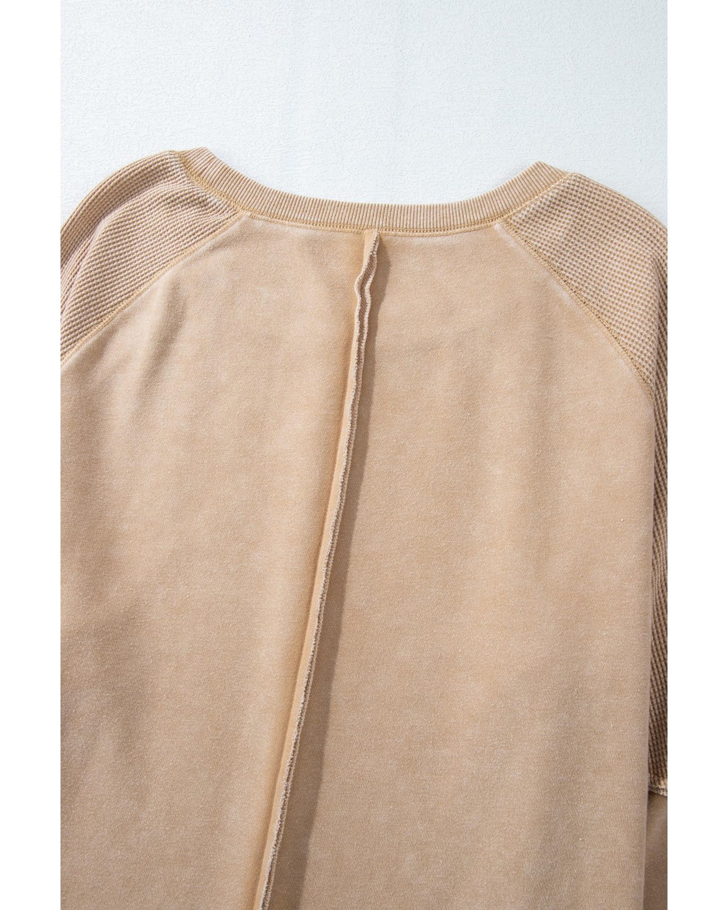 Light French Beige Solid Waffle Knit Patchwork Raglan Sleeve Sweatshirt - XL