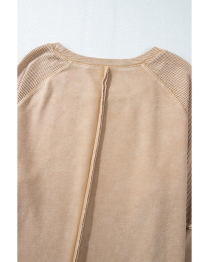 Light French Beige Solid Waffle Knit Patchwork Raglan Sleeve Sweatshirt - XL