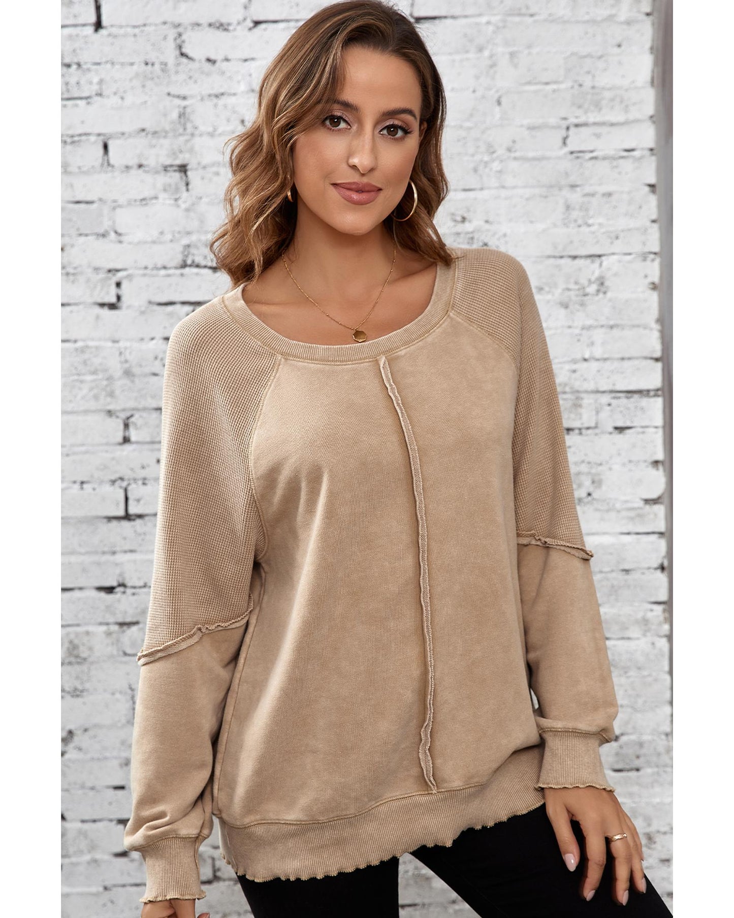Light French Beige Solid Waffle Knit Patchwork Raglan Sleeve Sweatshirt - XL