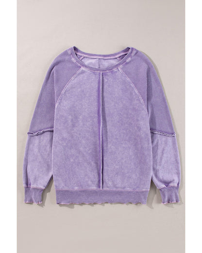 Orchid Petal Solid Waffle Knit Patchwork Raglan Sleeve Sweatshirt - L