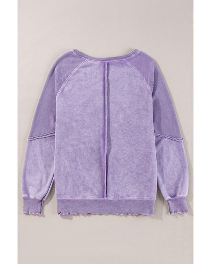 Orchid Petal Solid Waffle Knit Patchwork Raglan Sleeve Sweatshirt - L