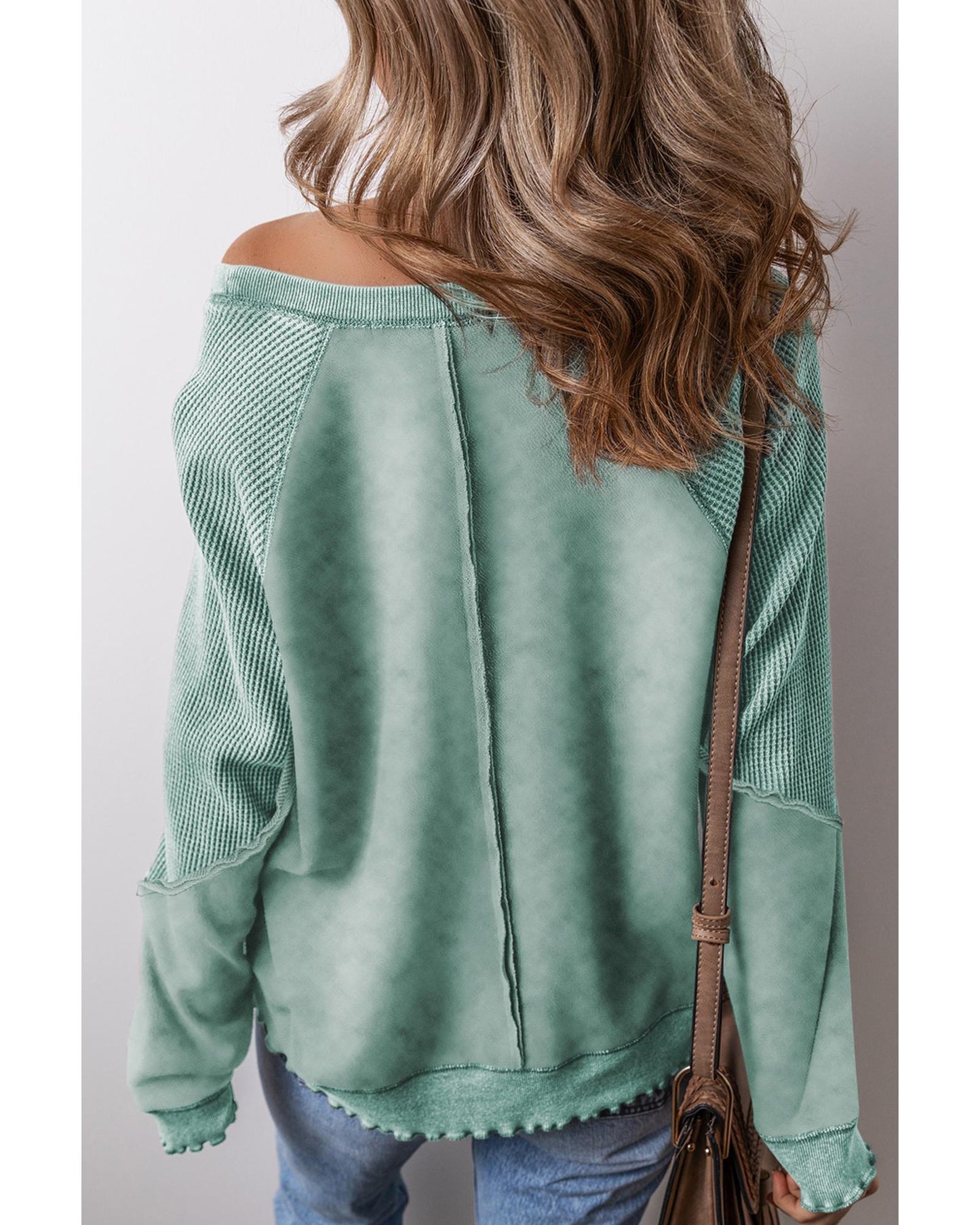 Mineral Blue Solid Waffle Knit Patchwork Raglan Sleeve Sweatshirt - XL