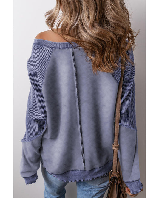 Sail Blue Solid Waffle Knit Patchwork Raglan Sleeve Sweatshirt - L