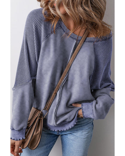 Sail Blue Solid Waffle Knit Patchwork Raglan Sleeve Sweatshirt - M