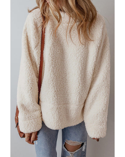 White Solid Fleece High Neck Drop Shoulder Pullover Sweatshirt - M