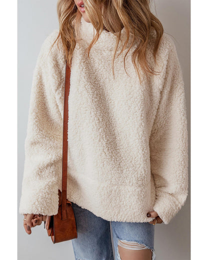 White Solid Fleece High Neck Drop Shoulder Pullover Sweatshirt - M