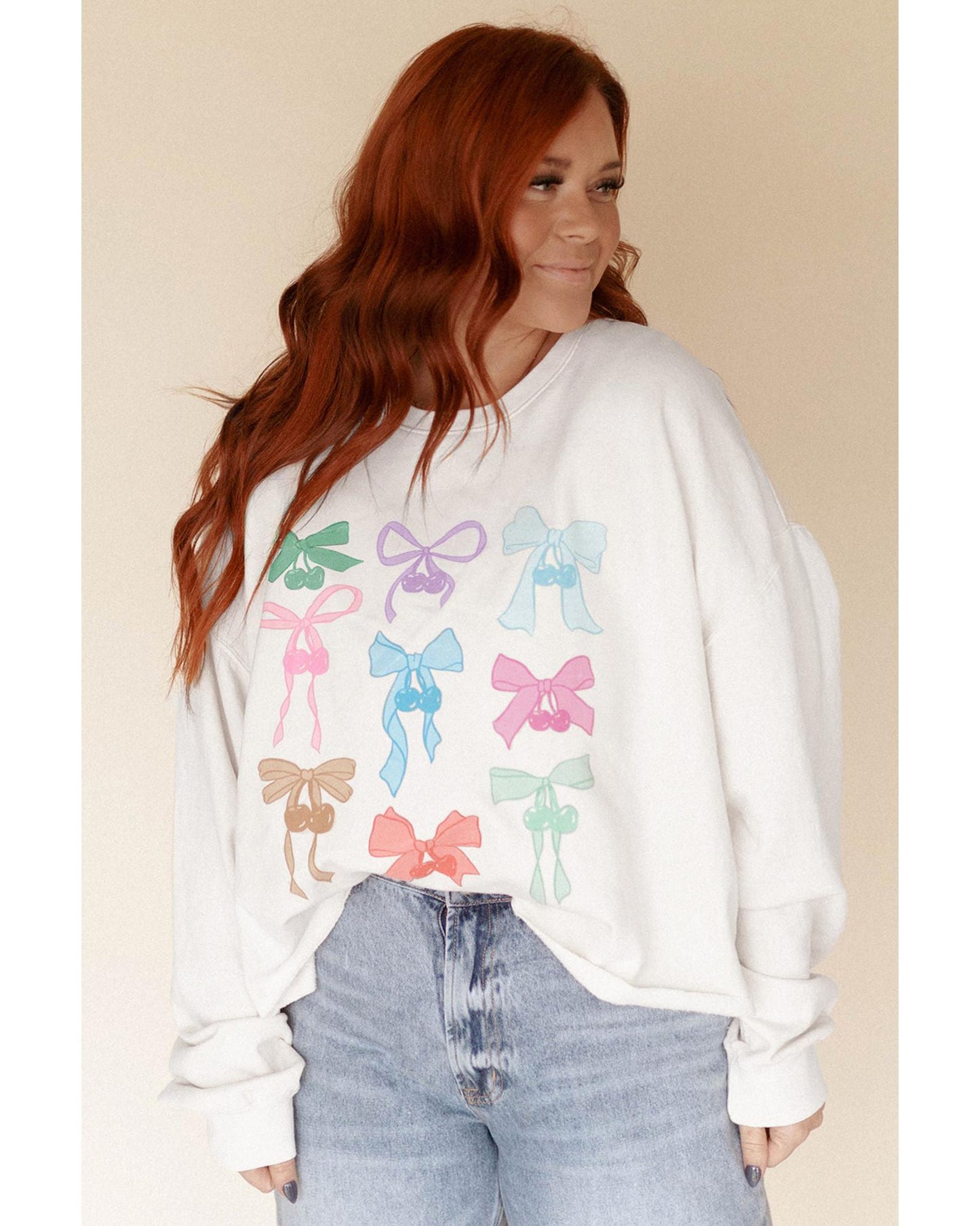 White Bowknot Pattern Drop Shoulder Loose Sweatshirt - 2XL