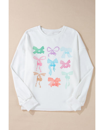 White Bowknot Pattern Drop Shoulder Loose Sweatshirt - S