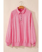 Pink Solid Snap Buttons Collared Balloon Sleeve Oversized Sweatshirt - L