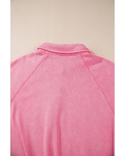 Pink Solid Snap Buttons Collared Balloon Sleeve Oversized Sweatshirt - L