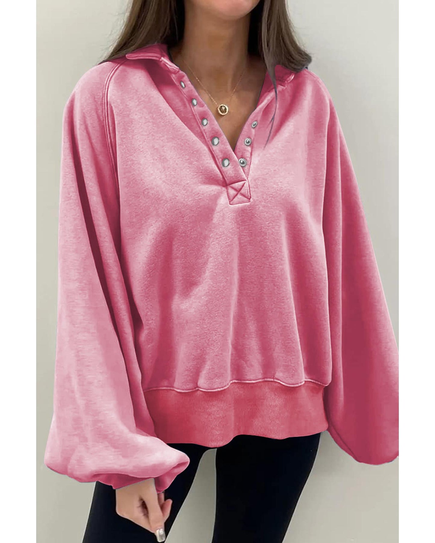 Pink Solid Snap Buttons Collared Balloon Sleeve Oversized Sweatshirt - L