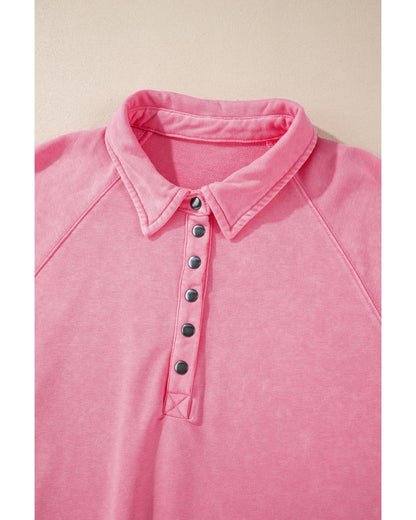 Pink Solid Snap Buttons Collared Balloon Sleeve Oversized Sweatshirt - M
