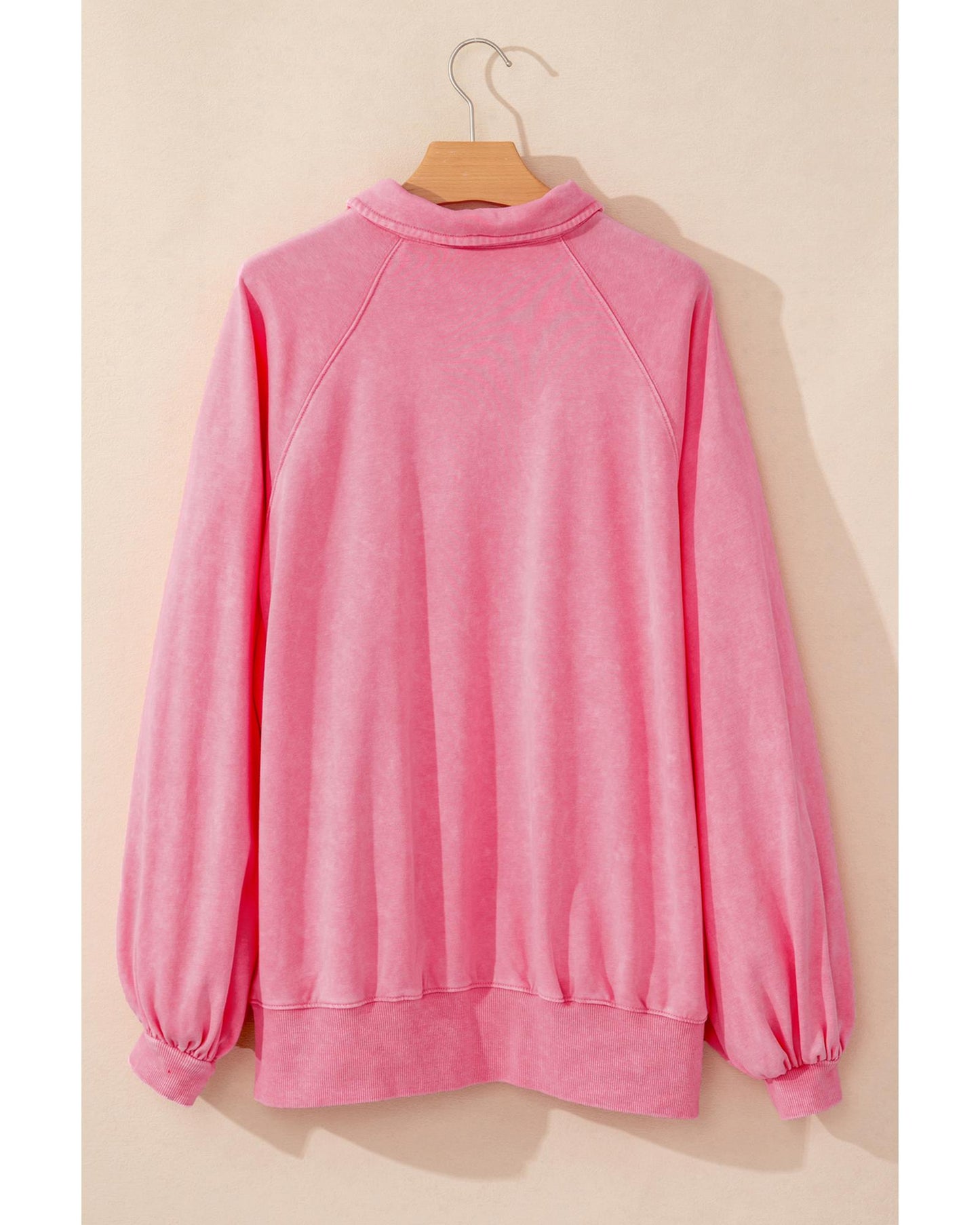 Pink Solid Snap Buttons Collared Balloon Sleeve Oversized Sweatshirt - M