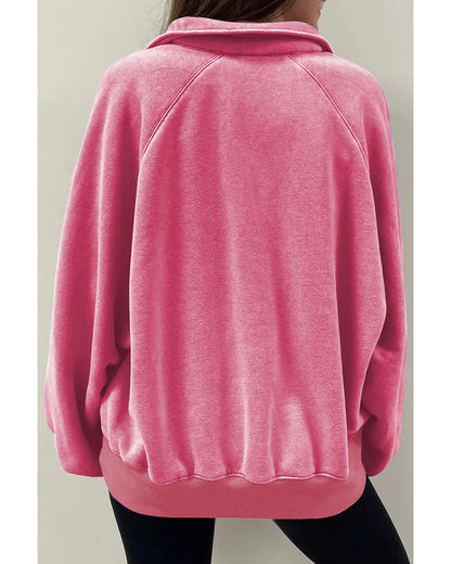 Pink Solid Snap Buttons Collared Balloon Sleeve Oversized Sweatshirt - S