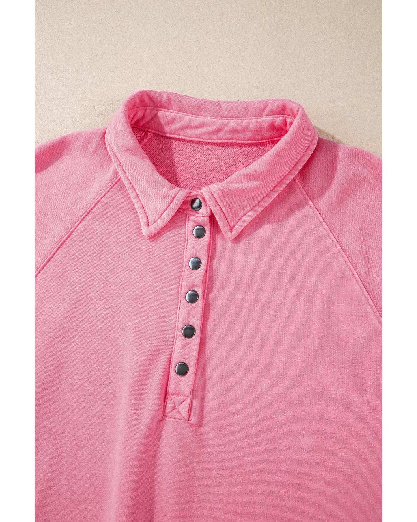 Pink Solid Snap Buttons Collared Balloon Sleeve Oversized Sweatshirt - S