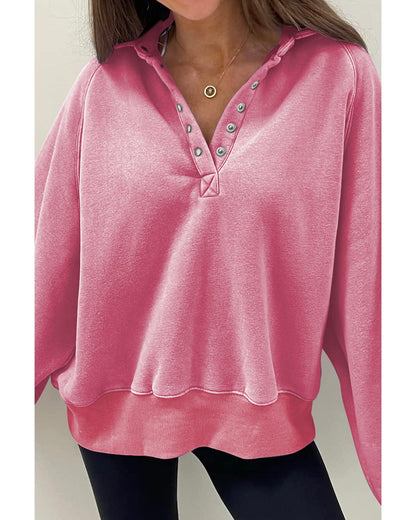 Pink Solid Snap Buttons Collared Balloon Sleeve Oversized Sweatshirt - S