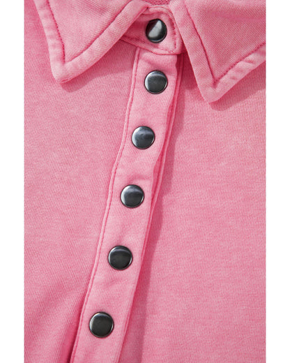Pink Solid Snap Buttons Collared Balloon Sleeve Oversized Sweatshirt - XL