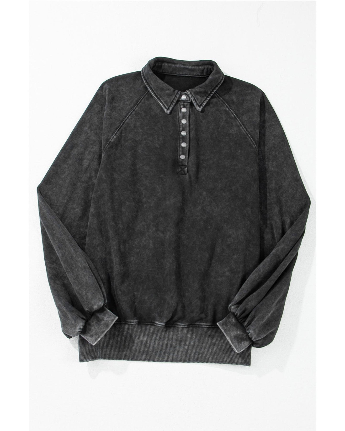 Black Solid Snap Buttons Collared Balloon Sleeve Oversized Sweatshirt - 2XL
