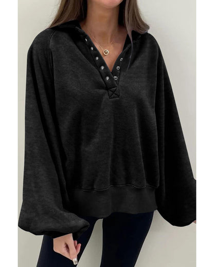 Black Solid Snap Buttons Collared Balloon Sleeve Oversized Sweatshirt - M