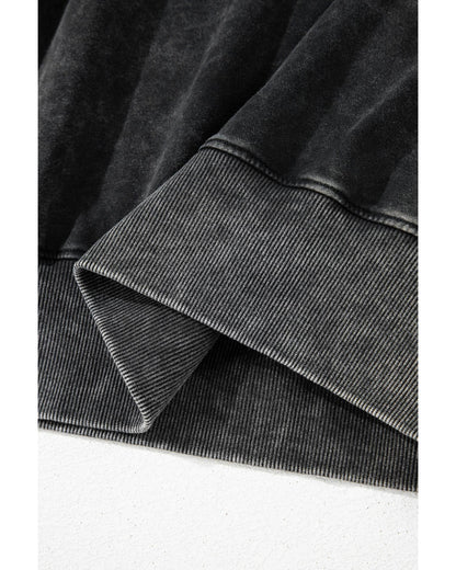 Black Solid Snap Buttons Collared Balloon Sleeve Oversized Sweatshirt - M