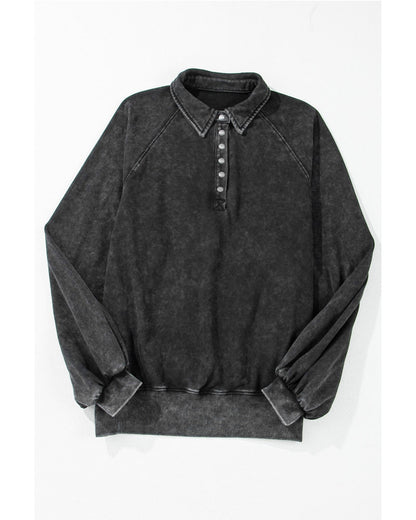 Black Solid Snap Buttons Collared Balloon Sleeve Oversized Sweatshirt - M