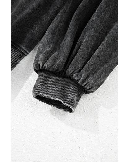 Black Solid Snap Buttons Collared Balloon Sleeve Oversized Sweatshirt - M