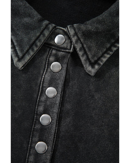 Black Solid Snap Buttons Collared Balloon Sleeve Oversized Sweatshirt - M