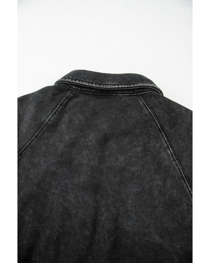 Black Solid Snap Buttons Collared Balloon Sleeve Oversized Sweatshirt - M