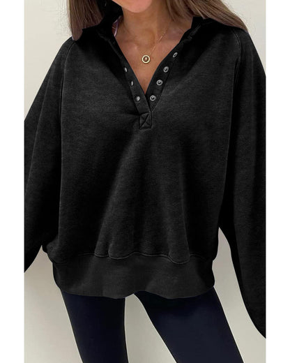 Black Solid Snap Buttons Collared Balloon Sleeve Oversized Sweatshirt - S