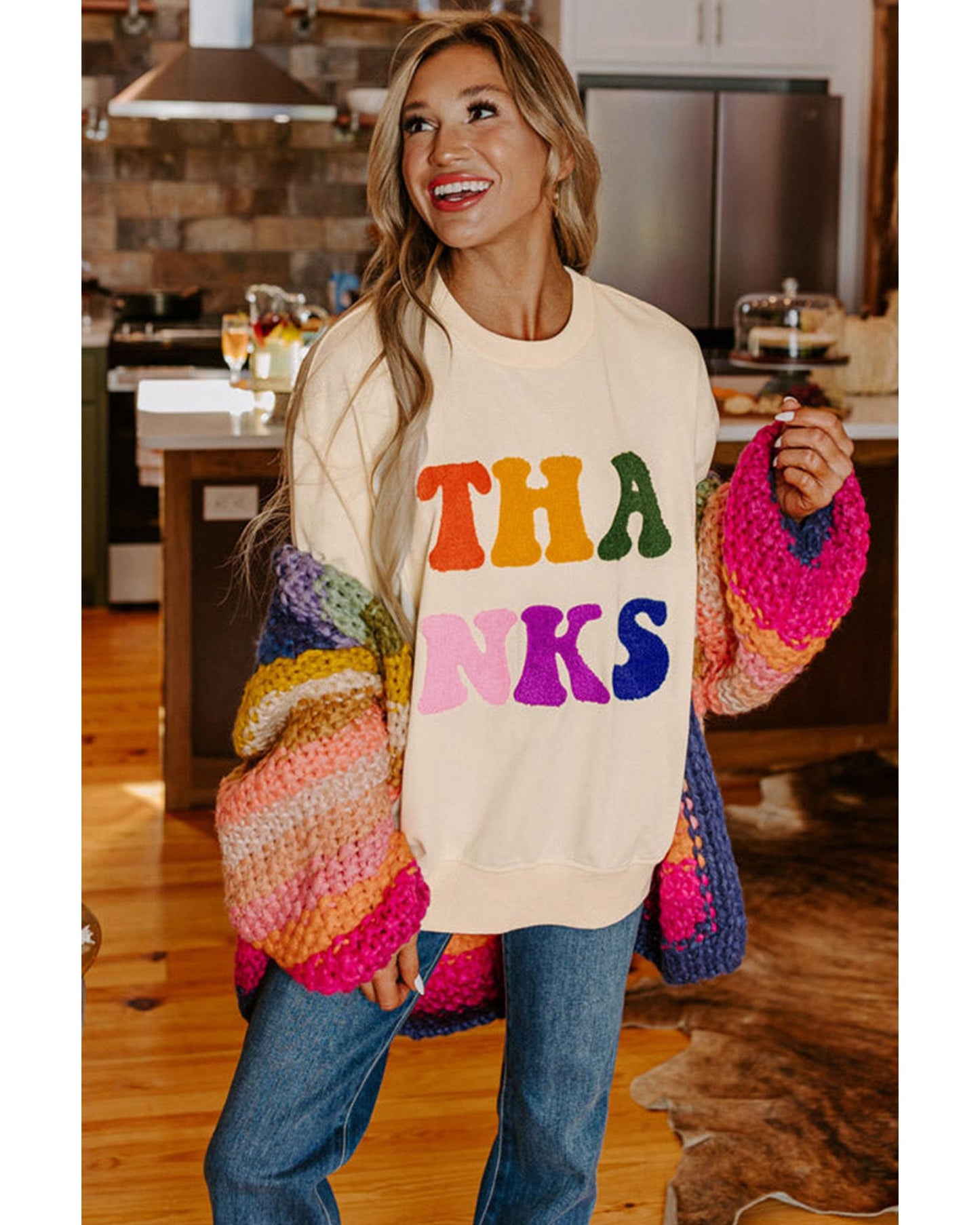 Apricot THANKS Chenille Embroidered Drop Shoulder Graphic Sweatshirt - L
