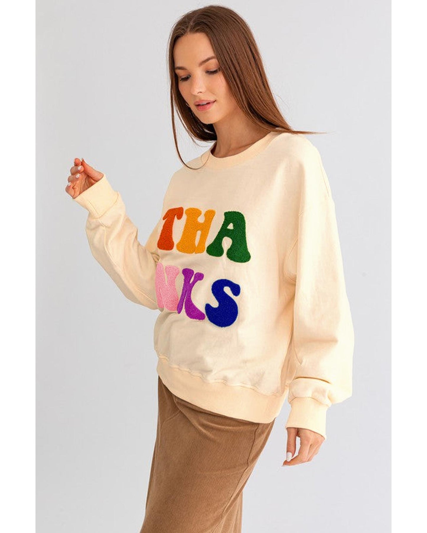 Apricot THANKS Chenille Embroidered Drop Shoulder Graphic Sweatshirt - L
