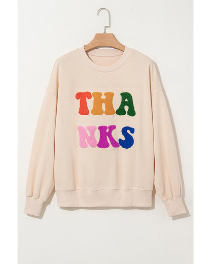 Apricot THANKS Chenille Embroidered Drop Shoulder Graphic Sweatshirt - M