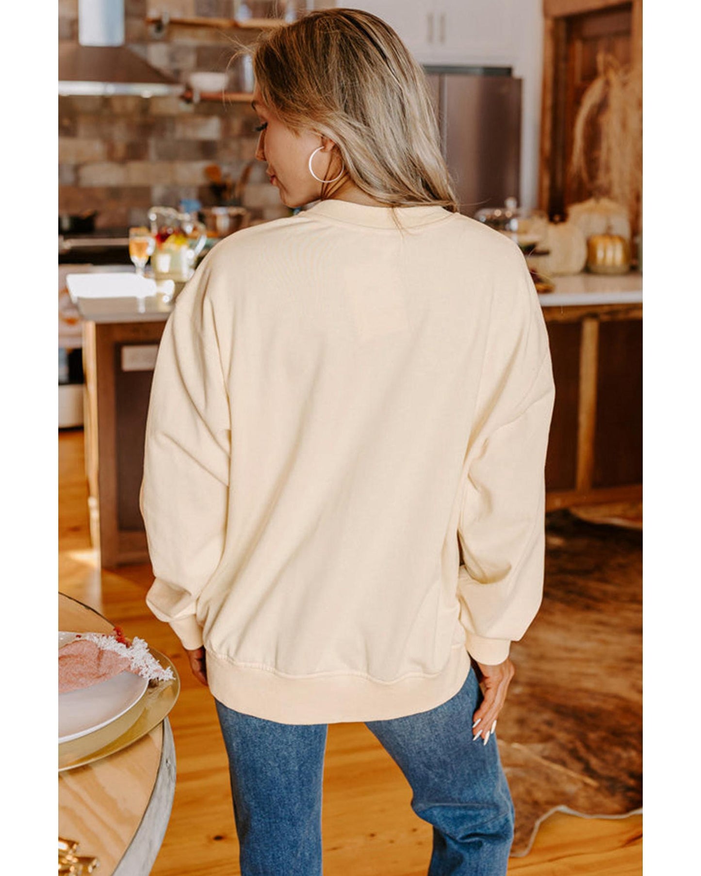 Apricot THANKS Chenille Embroidered Drop Shoulder Graphic Sweatshirt - M
