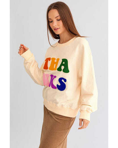 Apricot THANKS Chenille Embroidered Drop Shoulder Graphic Sweatshirt - XL