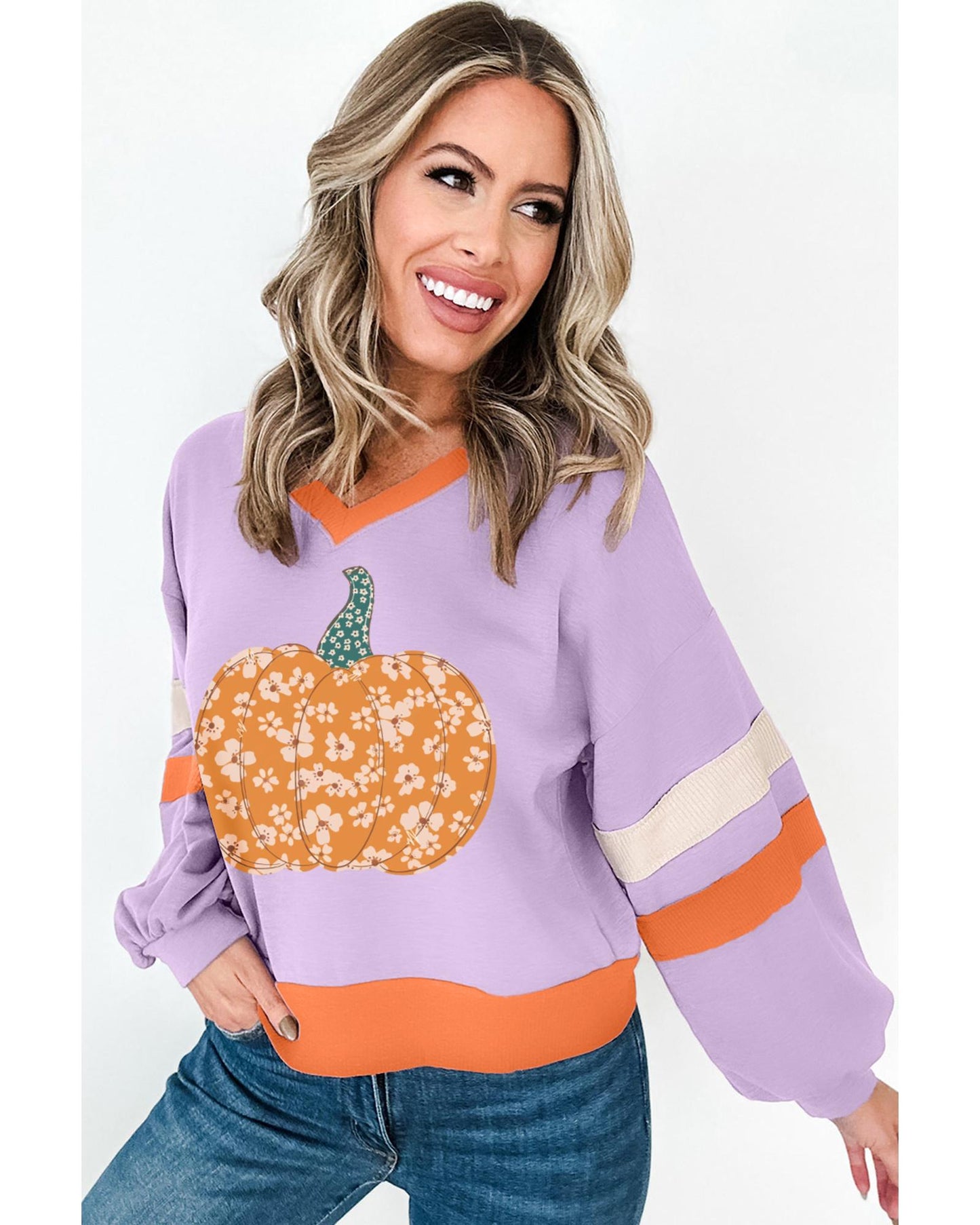 Orchid Bouquet Halloween Floral Pumpkin Color Block V Neck Sweatshirt - S