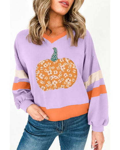 Orchid Bouquet Halloween Floral Pumpkin Color Block V Neck Sweatshirt - S