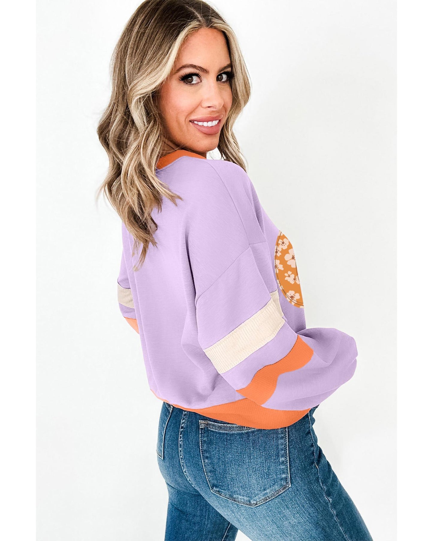 Orchid Bouquet Halloween Floral Pumpkin Color Block V Neck Sweatshirt - S