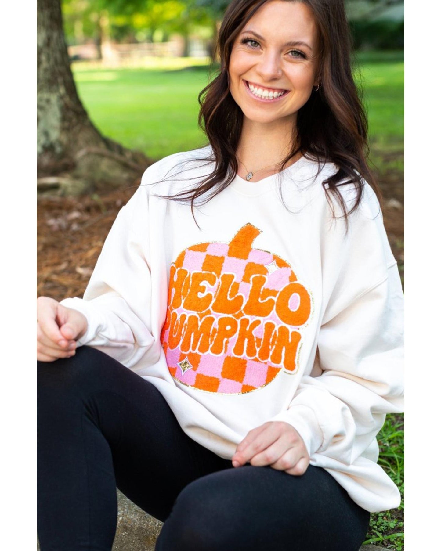 White Terry Halloween Pumpkin Patched Pattern Pullover Sweatshirt - L