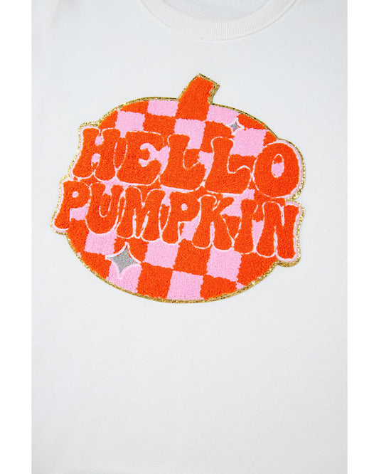 White Terry Halloween Pumpkin Patched Pattern Pullover Sweatshirt - S