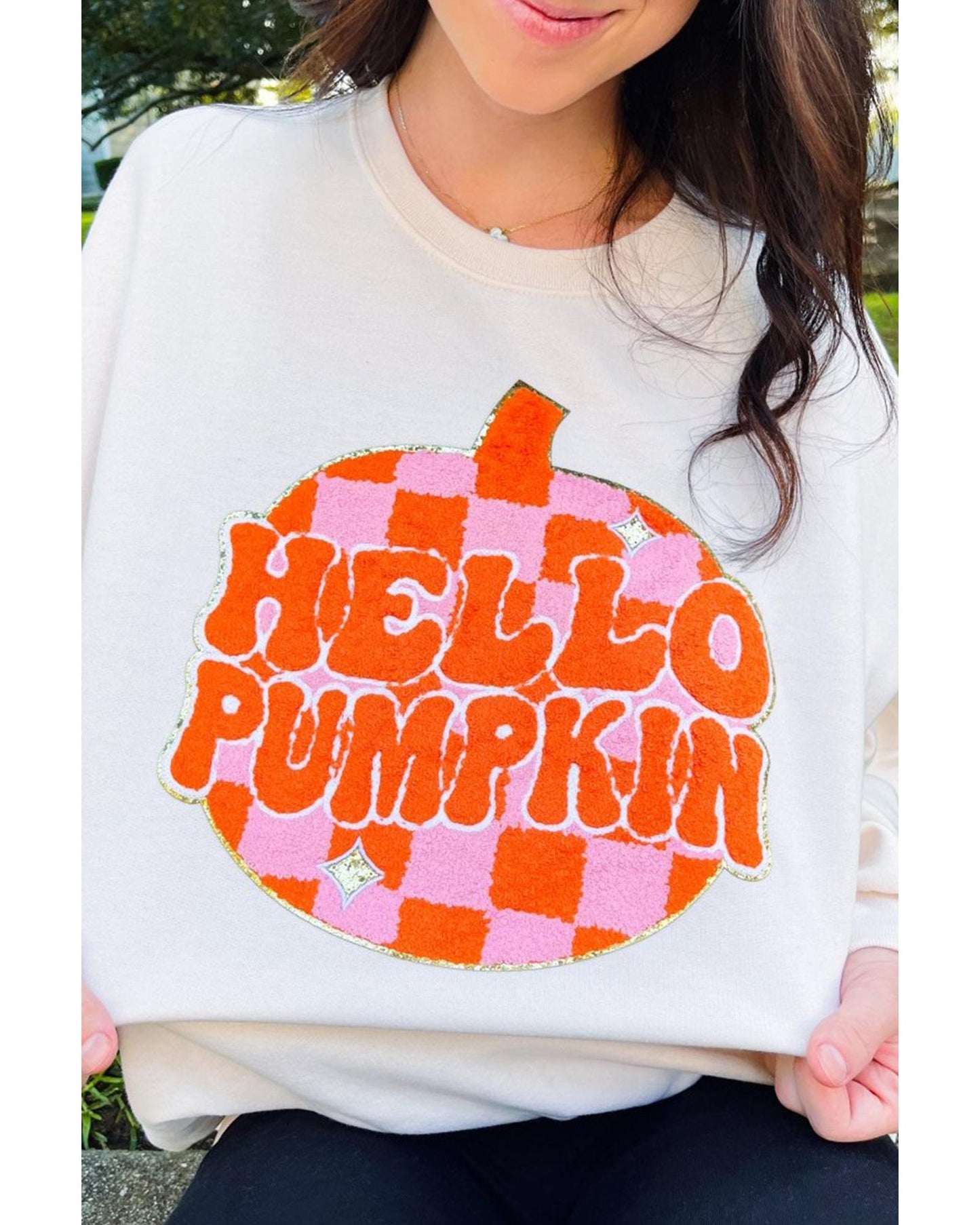 White Terry Halloween Pumpkin Patched Pattern Pullover Sweatshirt - XL