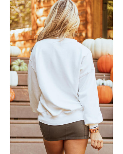 White Terry Halloween Pumpkin Patched Pattern Pullover Sweatshirt - XL
