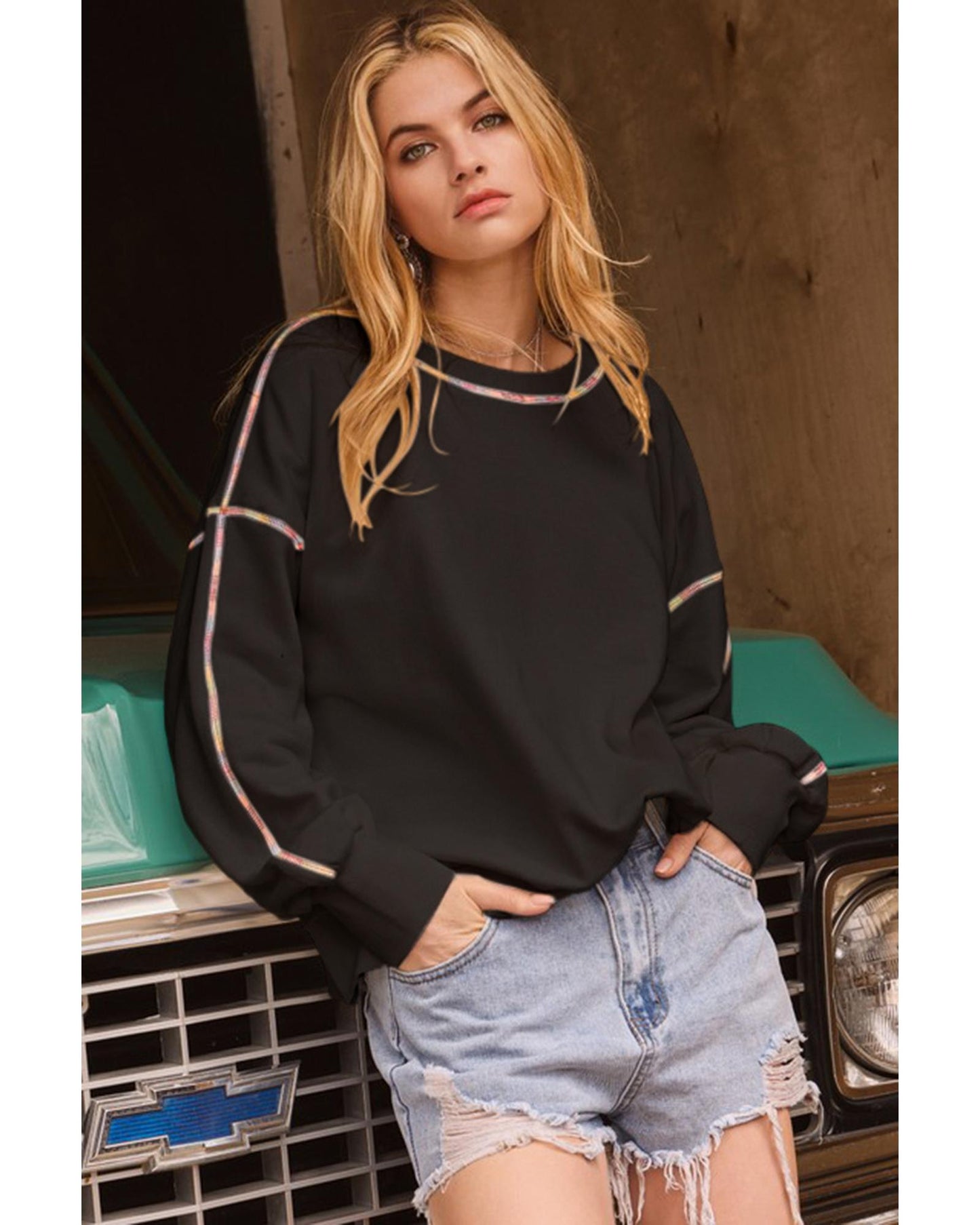 Black Contrast Rainbow Trim Drop Shoulder Pullover Sweatshirt - 2XL