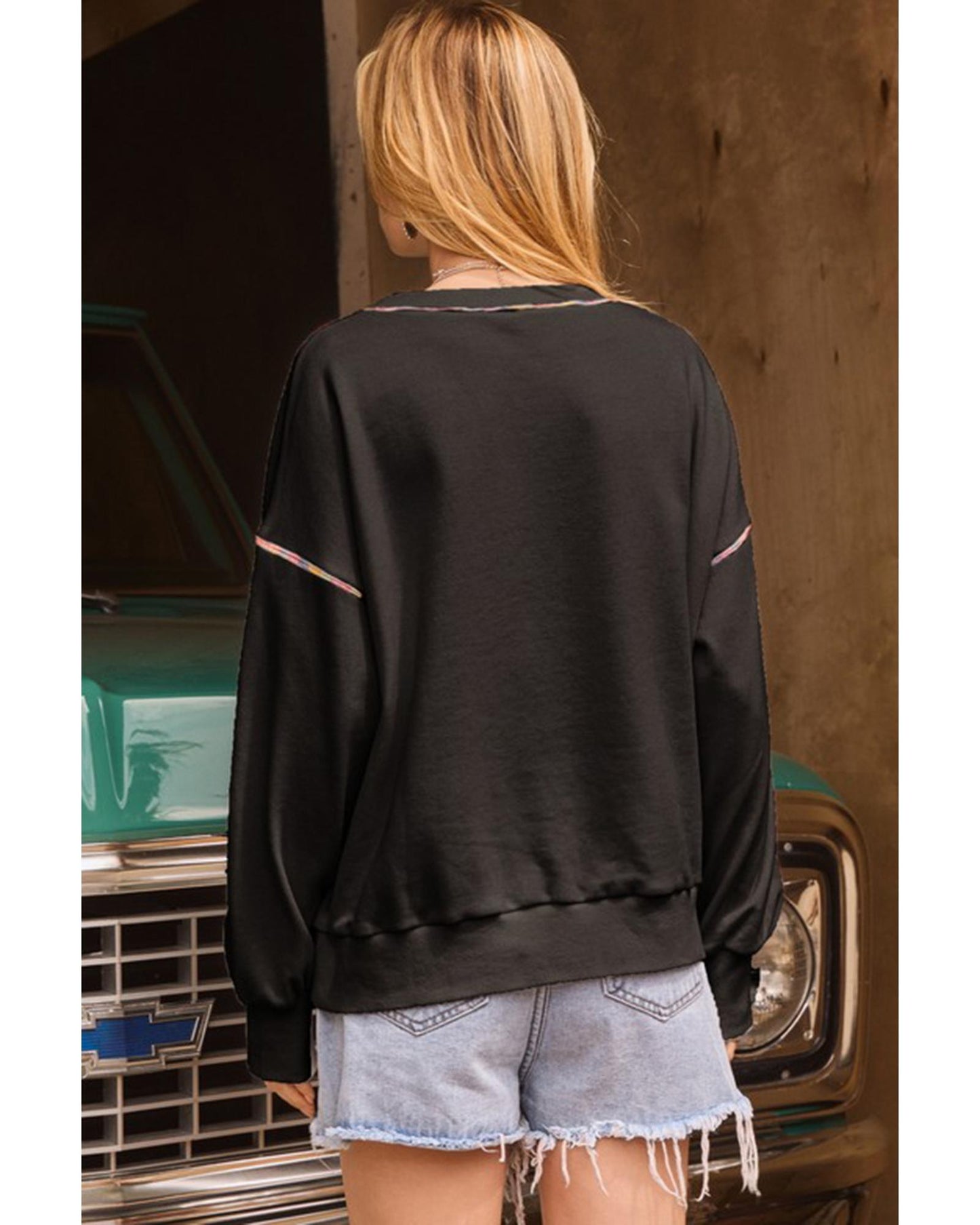 Black Contrast Rainbow Trim Drop Shoulder Pullover Sweatshirt - M