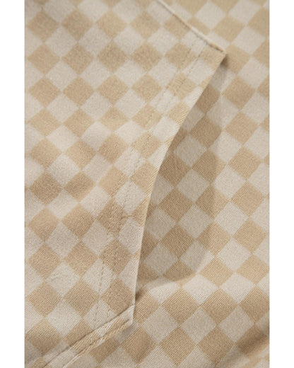 Khaki Checkered Print Kangaroo Pocket Drawstring Hoodie - M