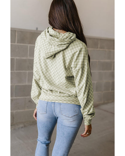 Green Checkered Print Kangaroo Pocket Drawstring Hoodie - M