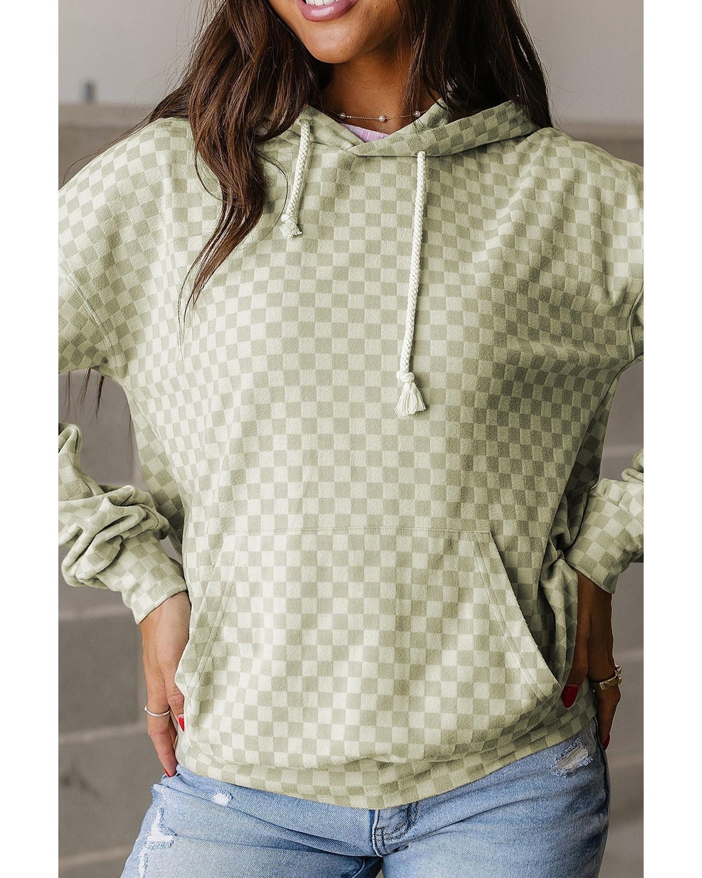 Green Checkered Print Kangaroo Pocket Drawstring Hoodie - M